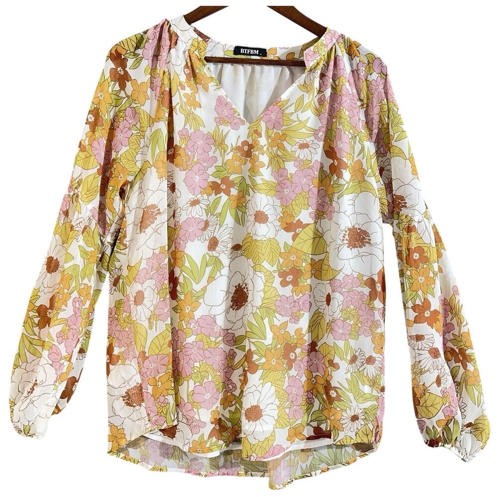 BTFBM Women's Peasant Floral V-Neck Long Sleeve Lined Top Size L Multicolor NWOT